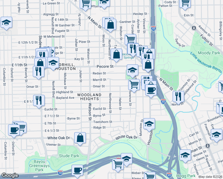 map of restaurants, bars, coffee shops, grocery stores, and more near 521 Bayland Avenue in Houston