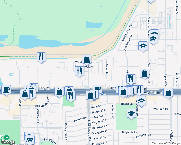 map of restaurants, bars, coffee shops, grocery stores, and more near 1136 North Kirkwood Road in Houston