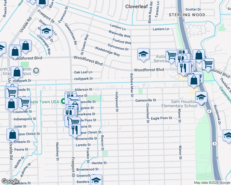map of restaurants, bars, coffee shops, grocery stores, and more near 14149 Force Street in Houston