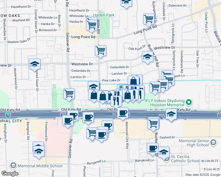 map of restaurants, bars, coffee shops, grocery stores, and more near 9900 Katy Freeway in Houston