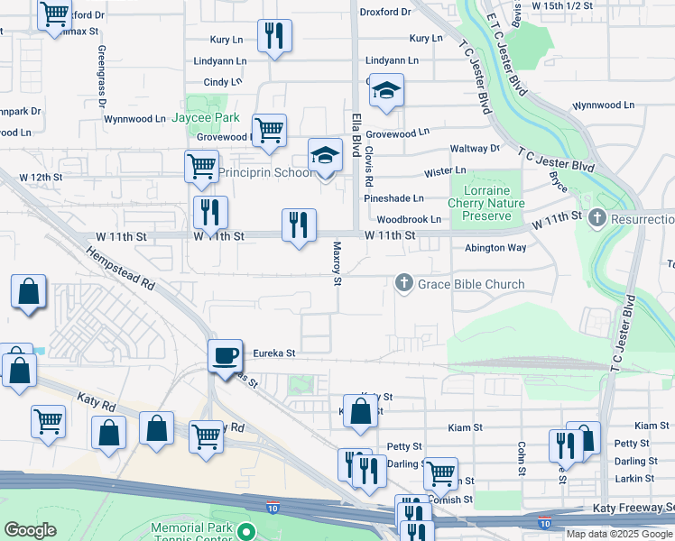 map of restaurants, bars, coffee shops, grocery stores, and more near 3351 Maxroy Street in Houston
