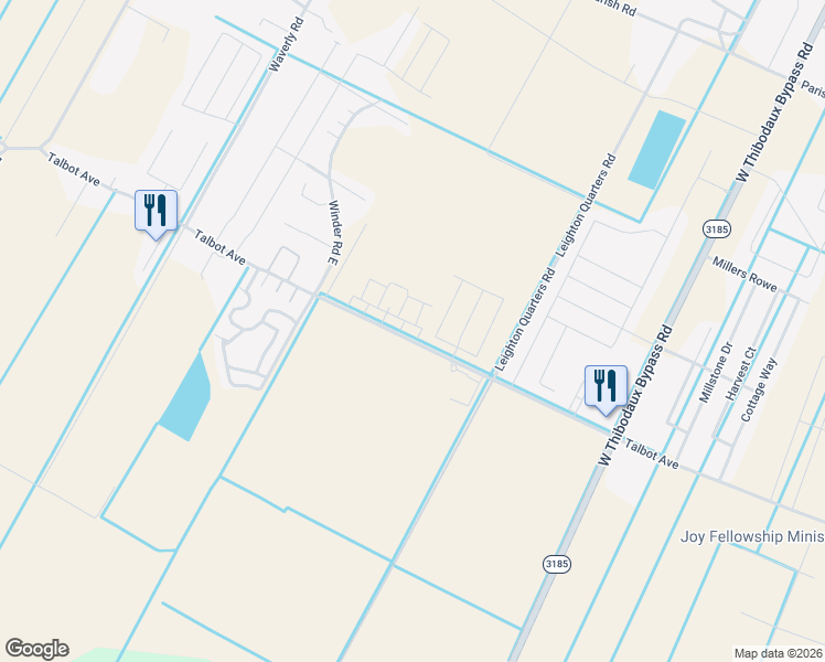 map of restaurants, bars, coffee shops, grocery stores, and more near 123 Laverne Drive in Thibodaux