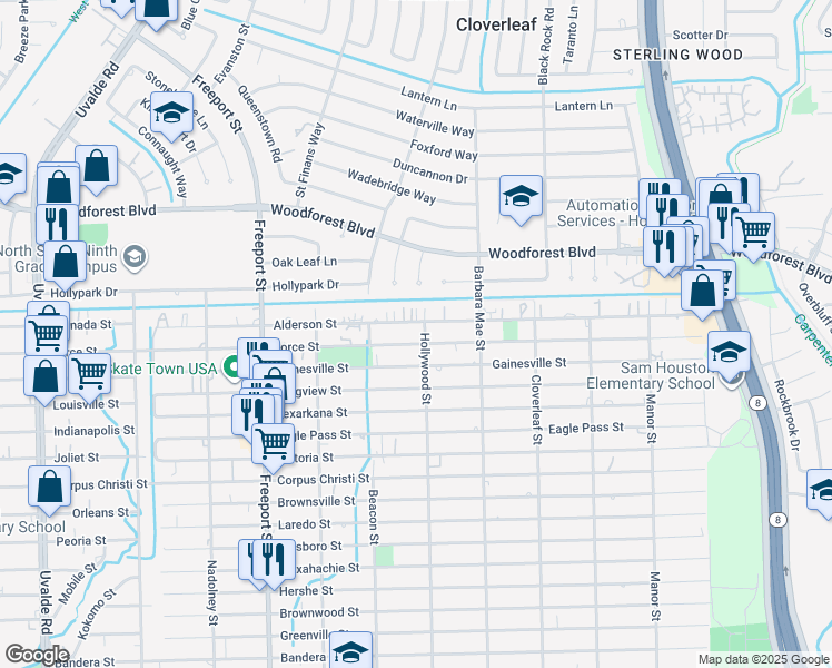 map of restaurants, bars, coffee shops, grocery stores, and more near 14147 Force Street in Houston