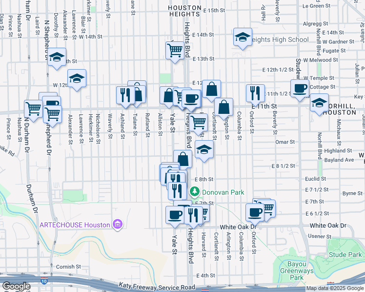 map of restaurants, bars, coffee shops, grocery stores, and more near 917 Heights Boulevard in Houston
