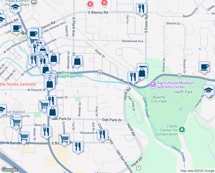map of restaurants, bars, coffee shops, grocery stores, and more near 901 Cibolo Creek Trail in Boerne