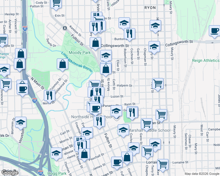 map of restaurants, bars, coffee shops, grocery stores, and more near 2906 Moore Street in Houston