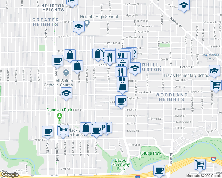 map of restaurants, bars, coffee shops, grocery stores, and more near 1241 Omar Street in Houston
