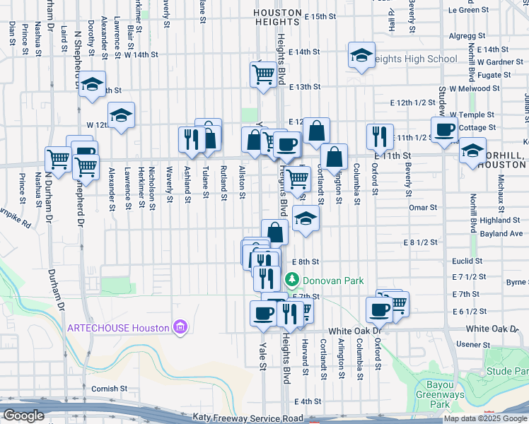 map of restaurants, bars, coffee shops, grocery stores, and more near 116 West 10th Street in Houston