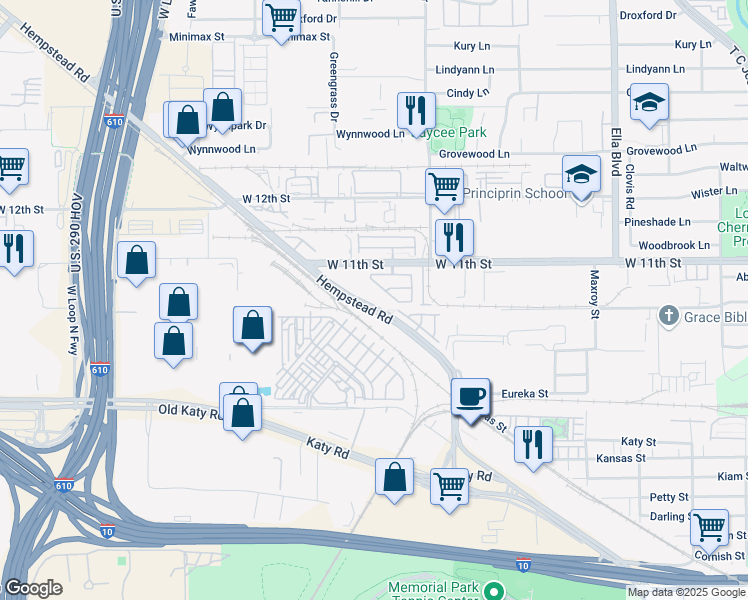 map of restaurants, bars, coffee shops, grocery stores, and more near 1039 Vaulted Oak Street in Houston