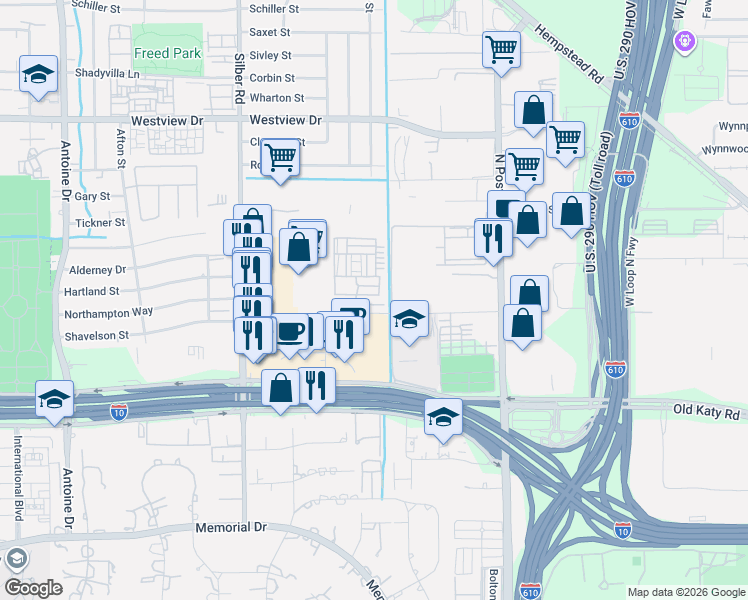 map of restaurants, bars, coffee shops, grocery stores, and more near 7515 Viano Lane in Houston