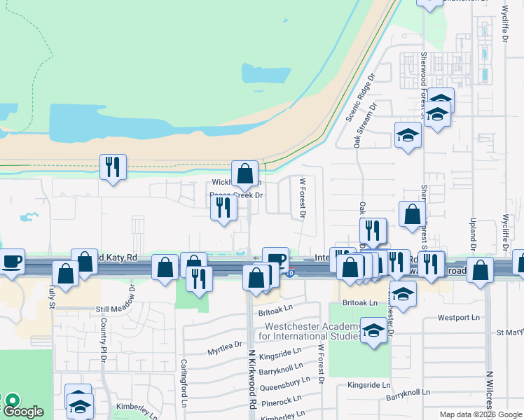 map of restaurants, bars, coffee shops, grocery stores, and more near 1318 Reddleshire Lane in Houston