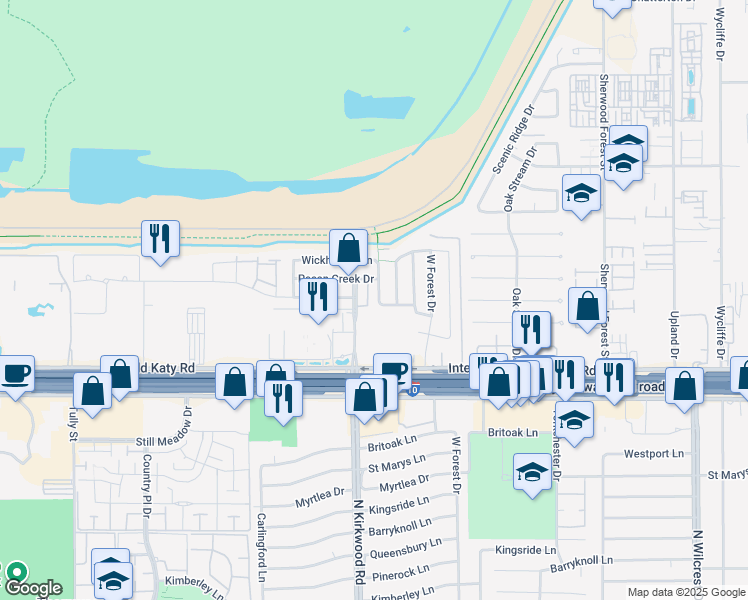 map of restaurants, bars, coffee shops, grocery stores, and more near 1318 Reddleshire Lane in Houston