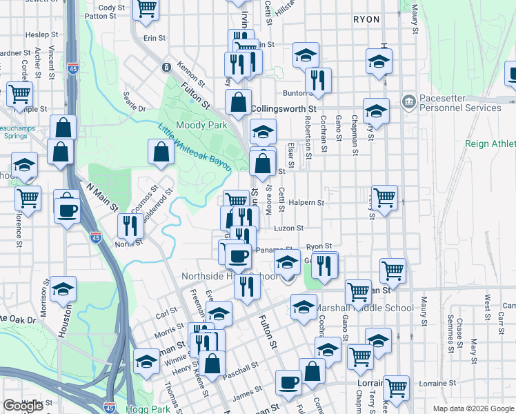 map of restaurants, bars, coffee shops, grocery stores, and more near 2836 Fulton Street in Houston