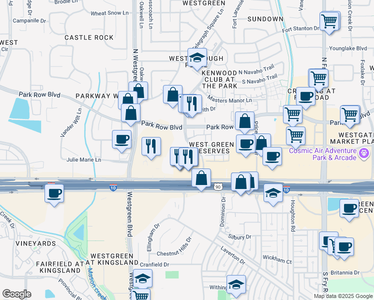map of restaurants, bars, coffee shops, grocery stores, and more near 1549 Westborough Drive in Katy