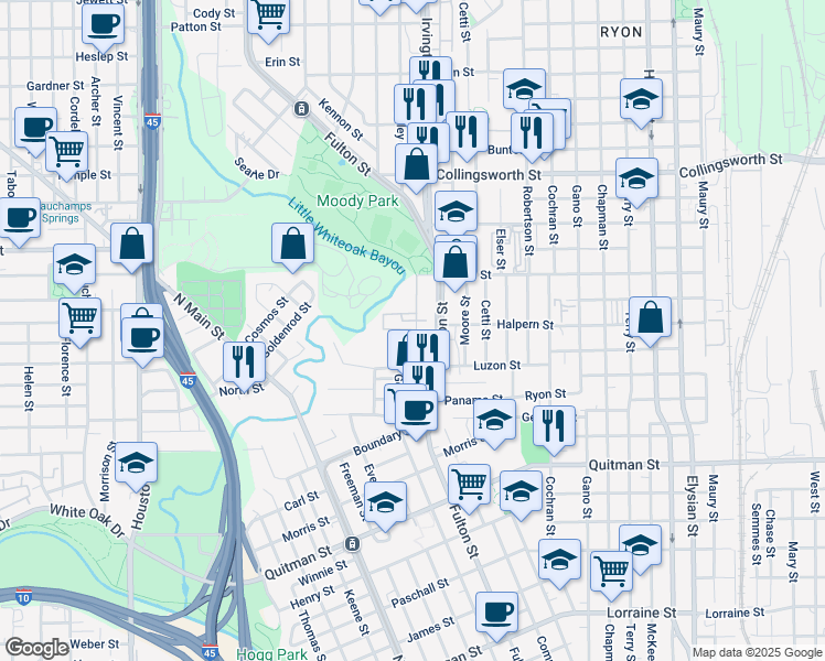 map of restaurants, bars, coffee shops, grocery stores, and more near 527 Irvington Court in Houston