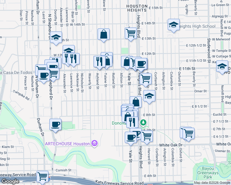 map of restaurants, bars, coffee shops, grocery stores, and more near 945 Rutland Street in Houston