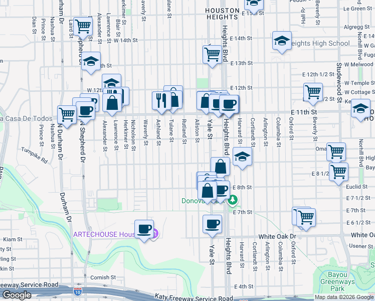 map of restaurants, bars, coffee shops, grocery stores, and more near 945 Rutland Street in Houston