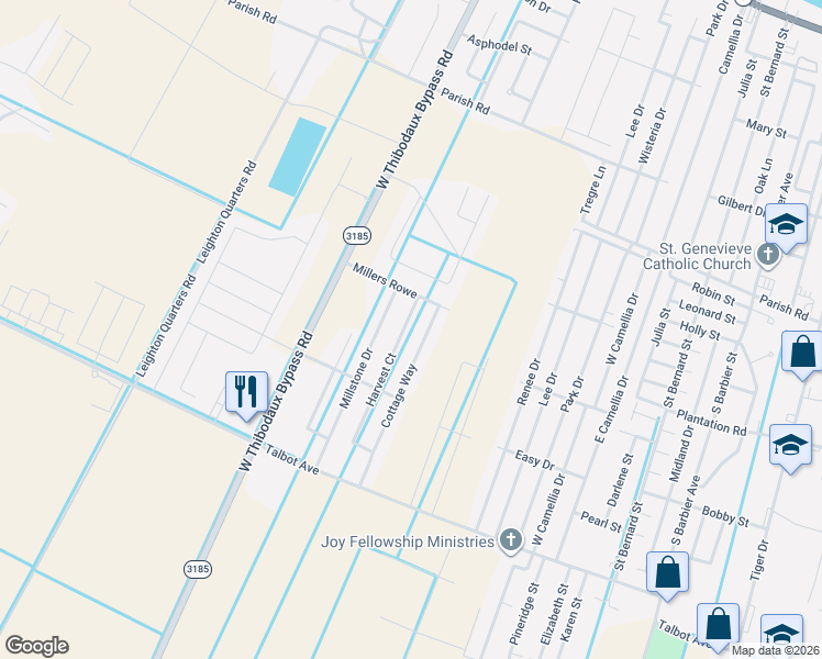map of restaurants, bars, coffee shops, grocery stores, and more near 293 Cottage Way in Thibodaux