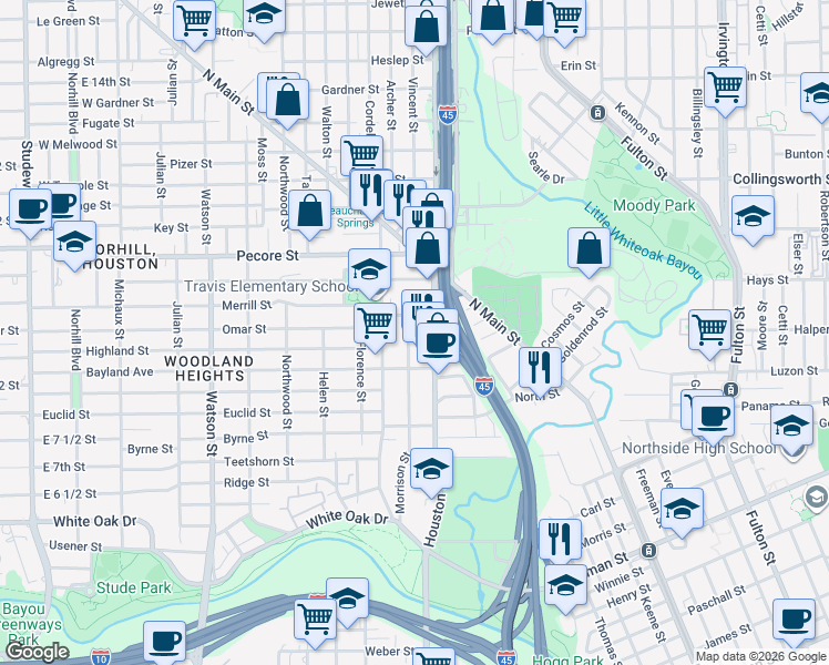 map of restaurants, bars, coffee shops, grocery stores, and more near 3324 Morrison Street in Houston