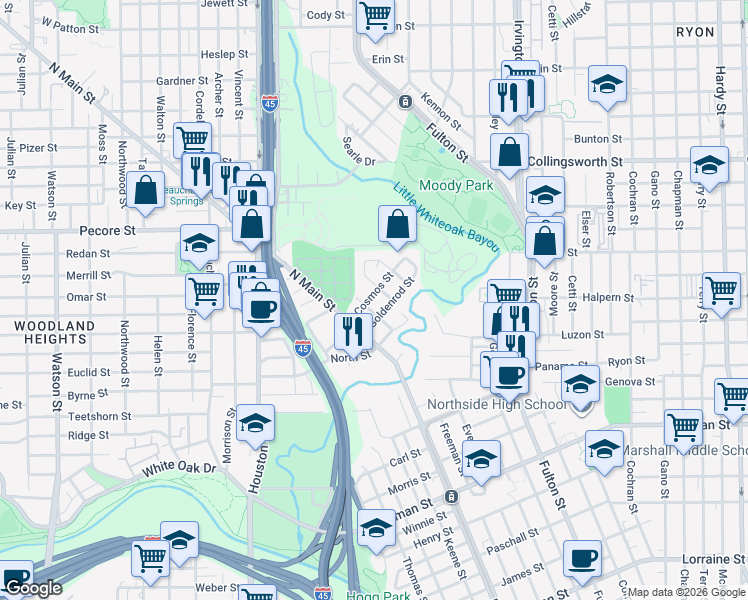 map of restaurants, bars, coffee shops, grocery stores, and more near 302 Cosmos Street in Houston