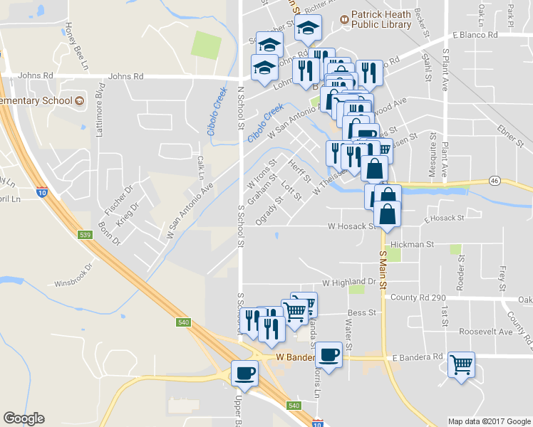 map of restaurants, bars, coffee shops, grocery stores, and more near 615 Ogrady Street in Boerne