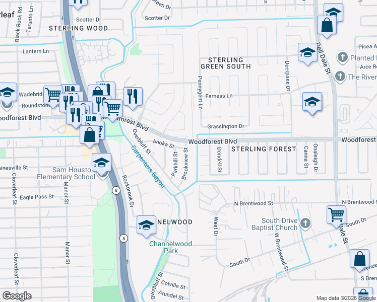 map of restaurants, bars, coffee shops, grocery stores, and more near 826 Brookview Street in Channelview