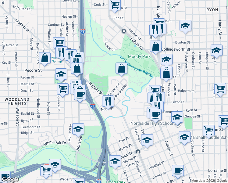 map of restaurants, bars, coffee shops, grocery stores, and more near 302 Cosmos Street in Houston