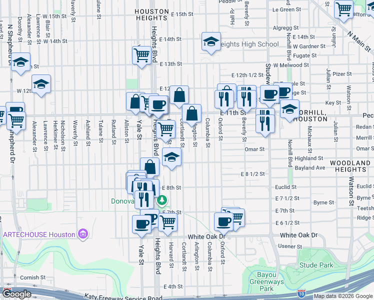 map of restaurants, bars, coffee shops, grocery stores, and more near 943 Cortlandt Street in Houston