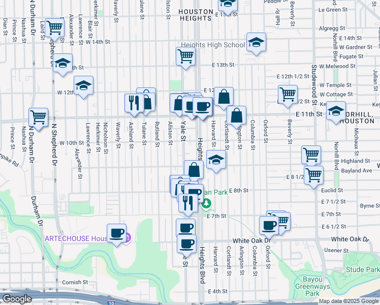 map of restaurants, bars, coffee shops, grocery stores, and more near 116 West 10th Street in Houston