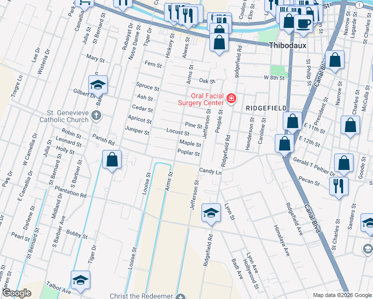 map of restaurants, bars, coffee shops, grocery stores, and more near 513 Maple Street in Thibodaux