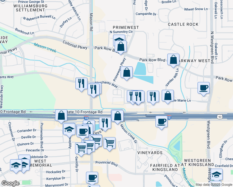 map of restaurants, bars, coffee shops, grocery stores, and more near 21850 Katy Freeway in Katy