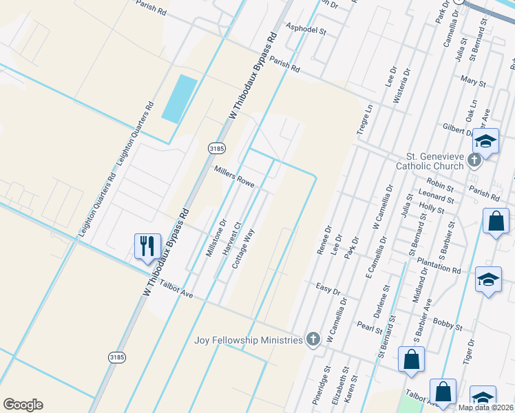 map of restaurants, bars, coffee shops, grocery stores, and more near 293 Cottage Way in Thibodaux