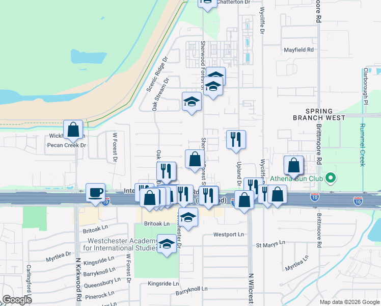 map of restaurants, bars, coffee shops, grocery stores, and more near 1109 Oakmont Glen Court in Houston
