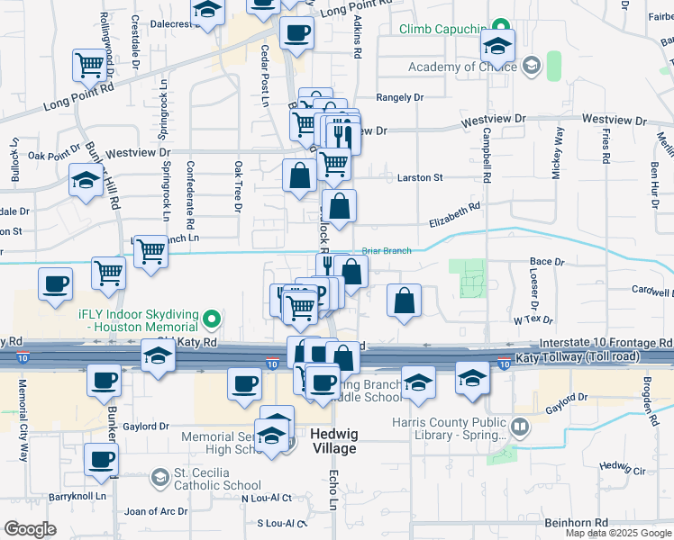 map of restaurants, bars, coffee shops, grocery stores, and more near 1180a Blalock Road in Houston