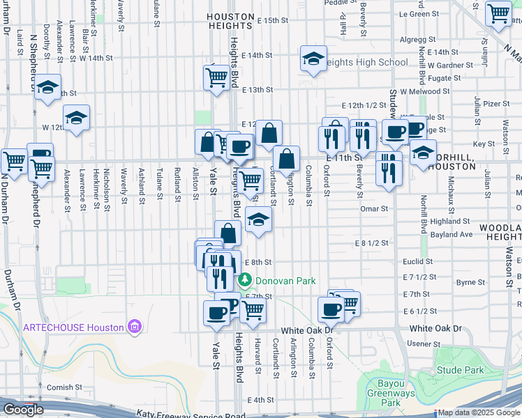 map of restaurants, bars, coffee shops, grocery stores, and more near 943 Cortlandt Street in Houston