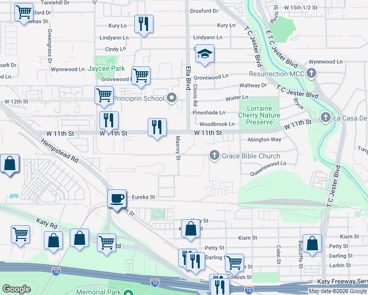 map of restaurants, bars, coffee shops, grocery stores, and more near 2825 West 11th Street in Houston