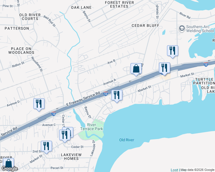 map of restaurants, bars, coffee shops, grocery stores, and more near 16830 Avenue A in Channelview