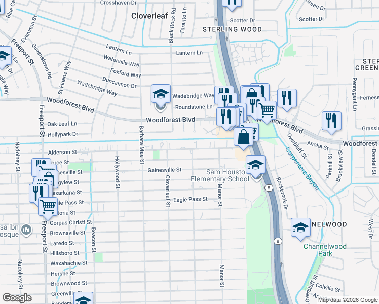 map of restaurants, bars, coffee shops, grocery stores, and more near 14448 Alderson Street in Houston