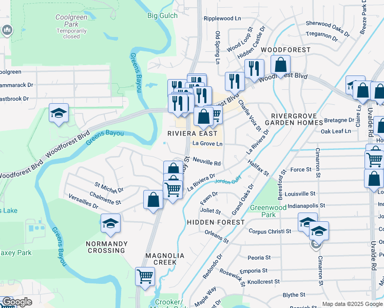 map of restaurants, bars, coffee shops, grocery stores, and more near 555 Normandy Street in Houston