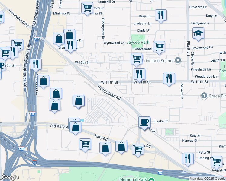 map of restaurants, bars, coffee shops, grocery stores, and more near 1039 Vaulted Oak Street in Houston