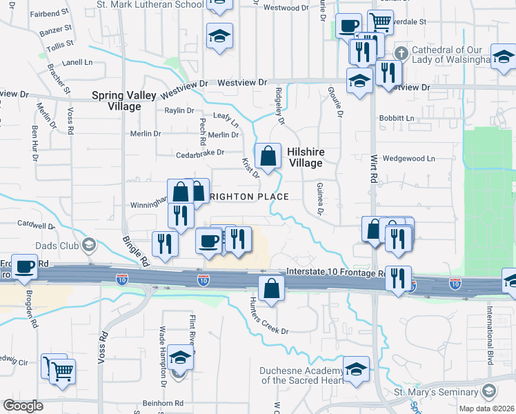 map of restaurants, bars, coffee shops, grocery stores, and more near 1104 Krist Drive in Houston