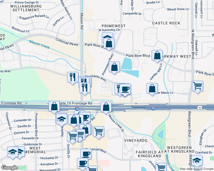 map of restaurants, bars, coffee shops, grocery stores, and more near 21850 Katy Freeway in Katy
