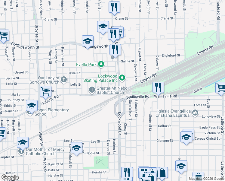 map of restaurants, bars, coffee shops, grocery stores, and more near 2809 Erastus Street in Houston