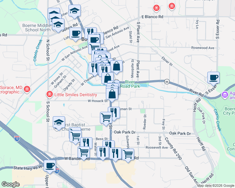 map of restaurants, bars, coffee shops, grocery stores, and more near 525 South Main Street in Boerne