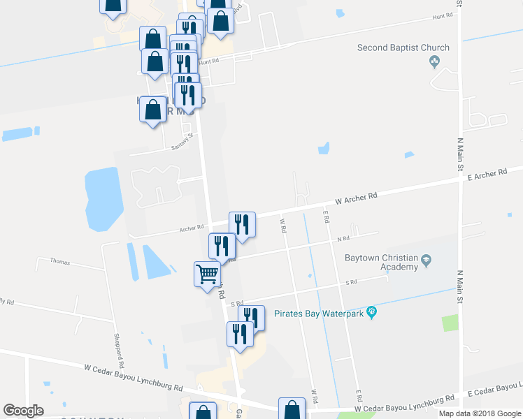 map of restaurants, bars, coffee shops, grocery stores, and more near 902 West Archer Road in Baytown