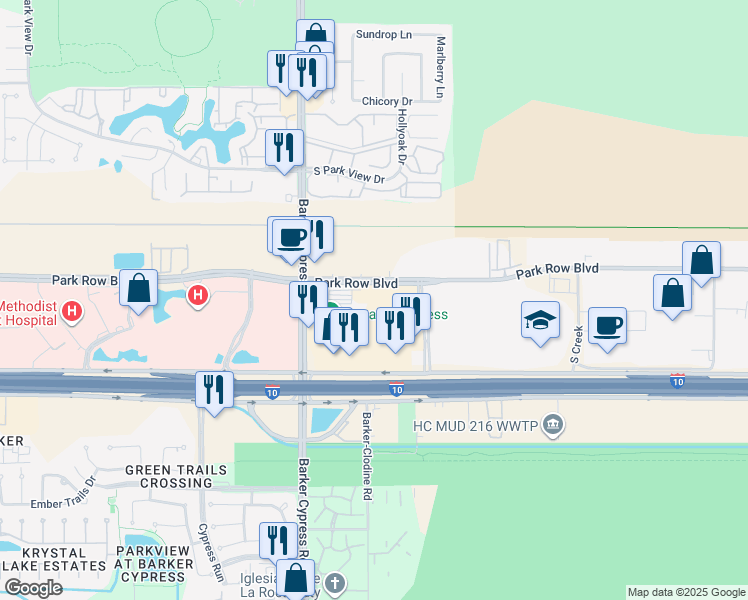 map of restaurants, bars, coffee shops, grocery stores, and more near 17420 Katy Freeway in Houston