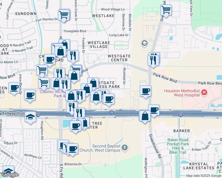 map of restaurants, bars, coffee shops, grocery stores, and more near 19440 Atrium Place in Houston