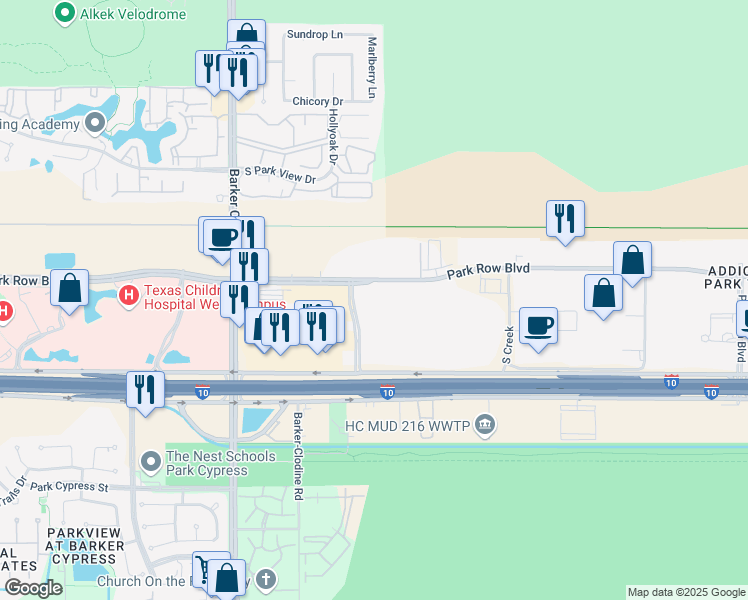 map of restaurants, bars, coffee shops, grocery stores, and more near 17325 Park Row Drive in Houston