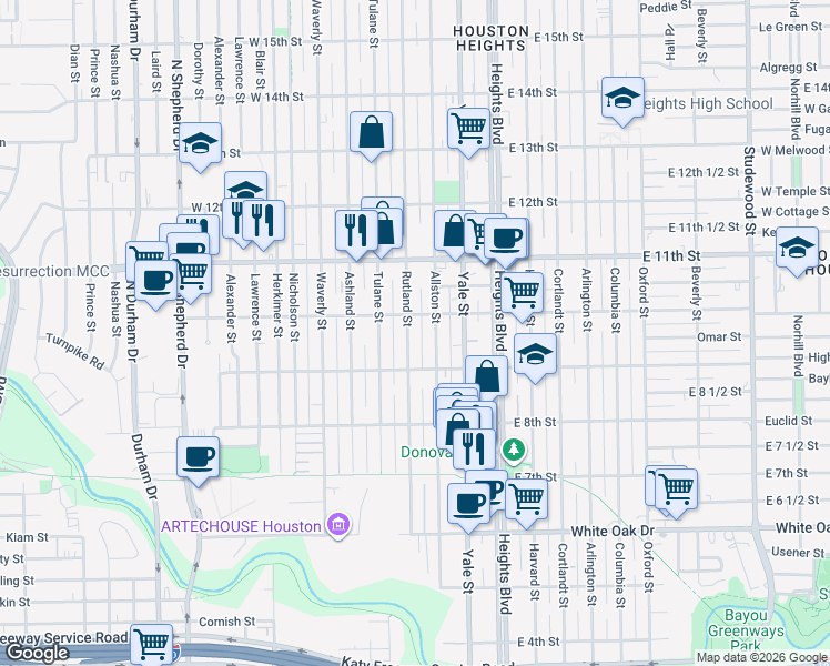 map of restaurants, bars, coffee shops, grocery stores, and more near 945 Rutland Street in Houston
