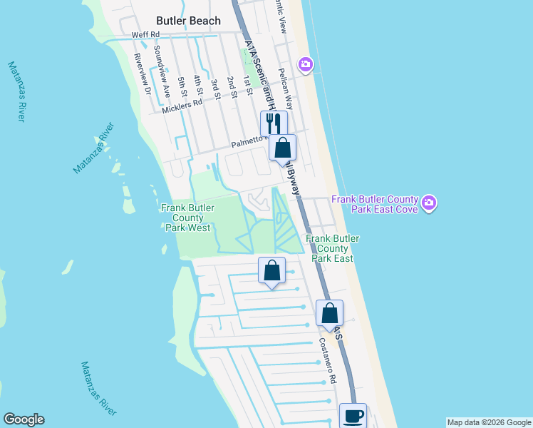 map of restaurants, bars, coffee shops, grocery stores, and more near 140 Pantano Cay Boulevard in St. Augustine